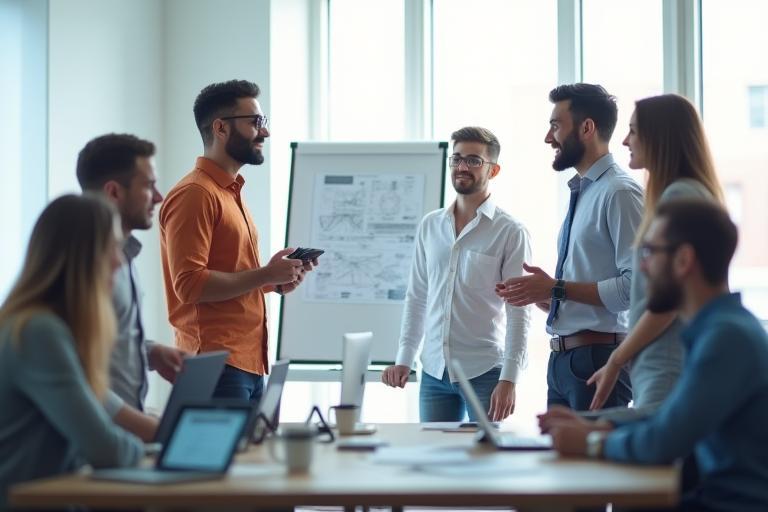 Equipe da Infraestrutura Radio Brasil discutindo planos de projeto em uma sala de reunião moderna