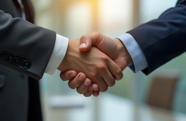 Duas pessoas apertando as mãos, representando uma parceria de negócios e colaboração mútua